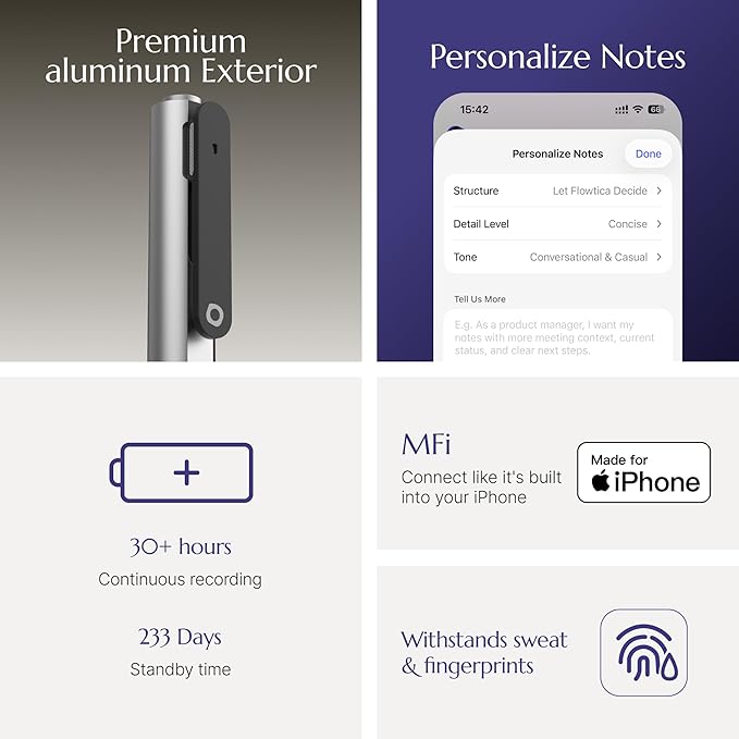 Flowtica Scribe AI Voice Recorder, App Control, Transcribe & Summarize, One-Press Highlight, HiFi Audio, Background Auto-Sync, Note Taker for Meetings & Lectures, Ultra-Slim, Pogopin Cable Included