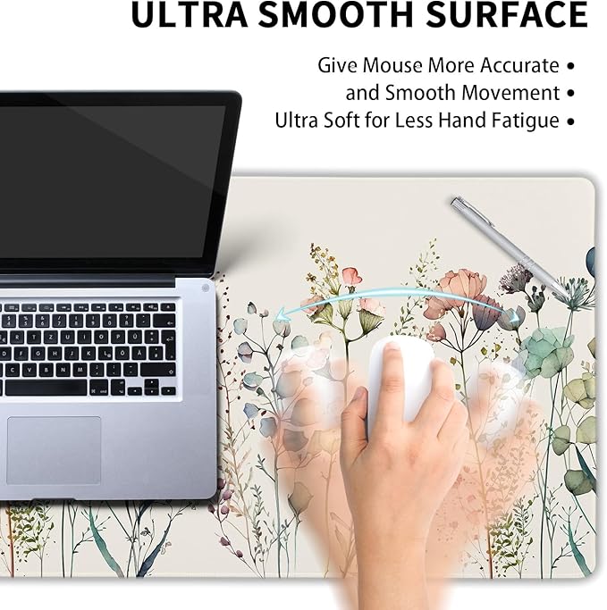 Cute Wild Flowers Mouse Pad XL Boho Aesthetic Floral Chic Plant Extended Table Mat 80X30cm Non-Slip Rubber Base Stitched Edge Large Mousepad for Desk Gaming Laptop Desk Top,31.5×11.8 Inch