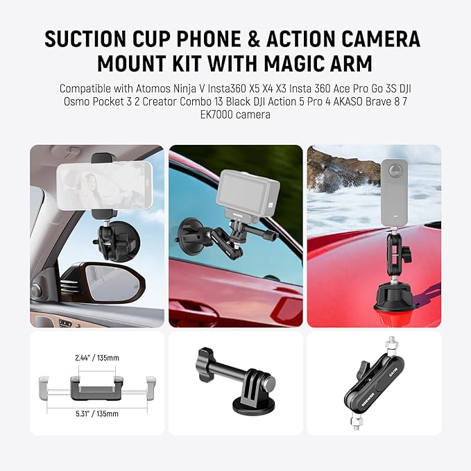 NEEWER Suction Cup Phone Holder & Camera Mount Compatible with GoPro DJI Insta360 iPhone, Car Phone Mount with Action Camera Adapter 360° Magic Arm for Vlogging Video Recording, CA158