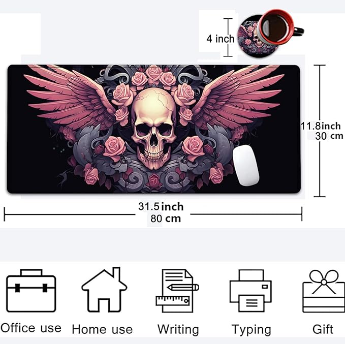 Large Mouse Pad, 31.5 x 11.8in Extended Gaming Mouse Pad with Stitched Edges, XXL Mousepad Protector Non Slip Rubber Base for Office Home Writing Mat, Wings, Pink Roses & Skulls Pattern Black Desk Mat
