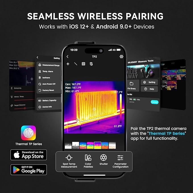 MiLESEEY TP2 Wireless Thermal Imaging Camera for All iPhone, iPad & Android Devices, 512×384 Super Resolution Infrared Camera, 25Hz Detachable Thermal Imager for Electrical, Building, HVAC Detection