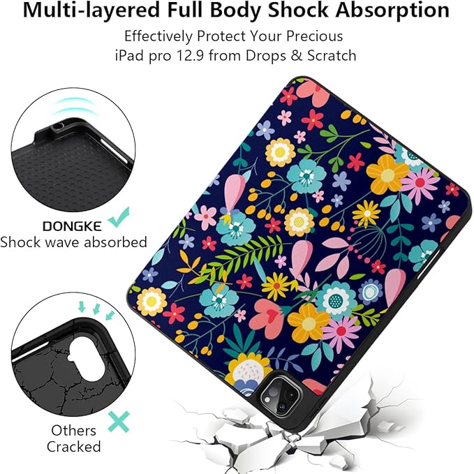 DONGKE Floral Design Case for iPad Pro 12.9 inch 6th, 5th, 4th, 3rd Gen with Pencil Holder, Auto Wake/Sleep, and Stand