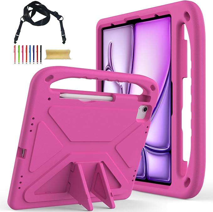 Cute Kids Case for iPad Air 13" M4 M3 M2 2026 2025 2024/ Pro 13 Inch M5 M4 Cover 2025 2024, iPad Pro 12.9 Case 2022/2021/2020/20218, Soft EVA Handle Cover with Shoulder Strap Stand, Rose