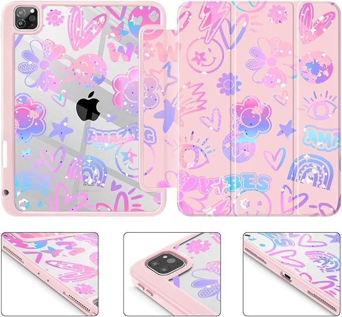 Tuiklol for iPad Pro 12.9 Inch 6th/5th/4th/3rd Generation 2022 2021 2020 2018 Case,Built-in Pencil Holder Clear Transparent Protective Back Shell Cover with Auto Sleep/Wake, Fun Emotions Pink
