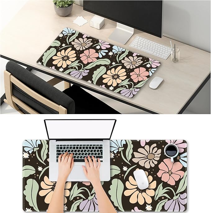 ARTSO Black Large Desk Mat,XXL Gaming Mouse Pad,Non Slip Desk Pad with Rubber Base,Floral Extended Keyboard Mat with Stitched Edges for Office Home School