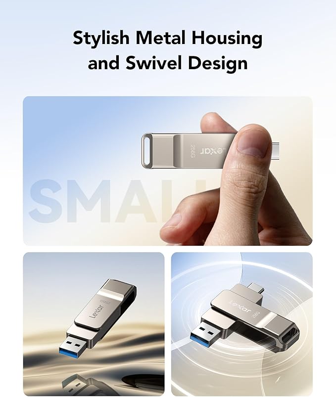 Lexar D40E 256GB Dual USB 3.2 Gen 1 Type-C Jump Drive, USB-C Flash Metal Housing Swivel Design Thumb Drive (Champagne Silver) (Pack of 2)