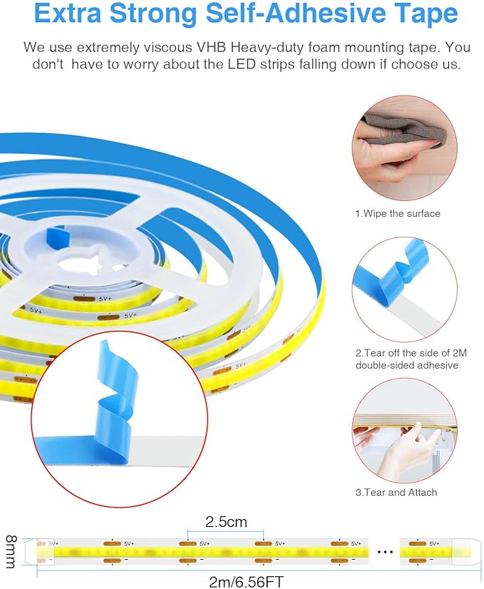 Aclorol 5V COB LED Strip Lights 6000K Cold White USB LED Strip Lights for Bedroom 8mm Width High Density 320LEDs/M Bright for TV Monitor Backlights Under Cabinet Counter Display Case CRI90+ (2 Pack)