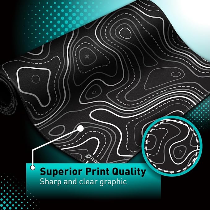 Pixiecube Minimalist Topographic Map Mouse Pad - Contour Extended Large Stitch Edge Mousepad. Black & White Non-Slip XXL Gaming Desk Mat