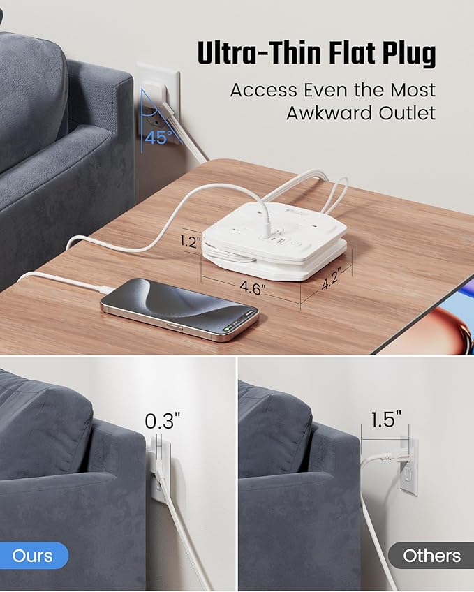 20W Travel Power Strip SUPERDANNY 3-Foot Wrap Up Extension Cord with 3 Outlets and 3 Fast Charging USBs, No Surge Protector Cruise Approved Portable Mini Travel Charger for Home Office Hotel, White
