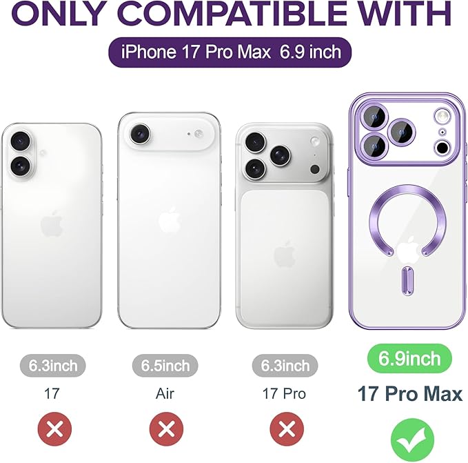 Hython Magnetic Clear for iPhone 17 Pro Max Case with Camera Lens Protector [Compatible with MagSafe] Plating Edge Slim Soft TPU Cover Protective Phone Case for iPhone 17 Pro Max 6.9", Light Purple