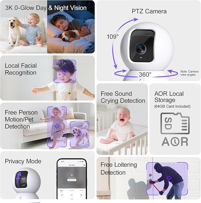 5G Indoor Camera, 3K Pet/Dog Camera with Phone App/Speaker, 64GB SD Card Included No Subscription, PTZ WiFi Baby Monitor for Home Security, 0-Glow Night Vision, Free AI Detection