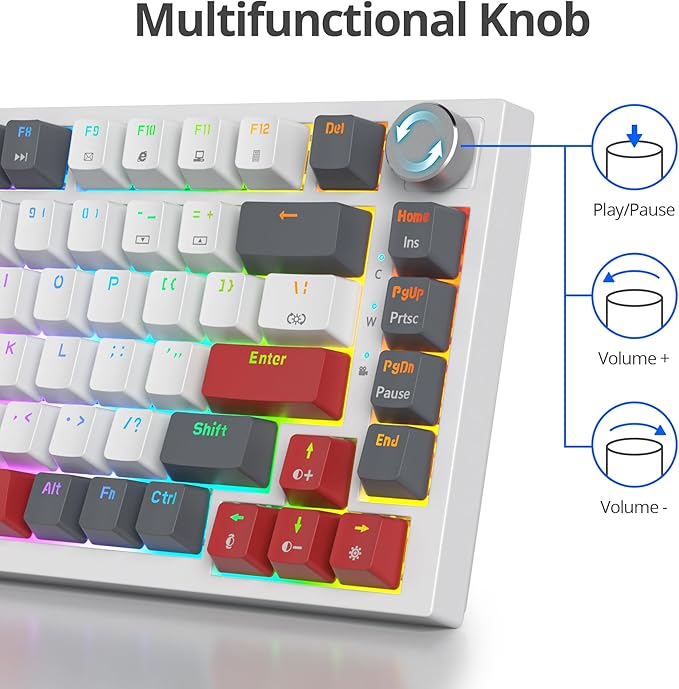 Guffercty kred 75% Percent Mechanical Keyboard with Knob, Gasket Mouted Wired TKL Gaming Keyboard 75 Percent Hot Swappable Programmable for Windows Laptop PC Gamer（82 Grey）