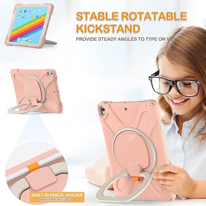 BRAECN Case for iPad Air 3, [Full-Body] [Drop-Proof] Silicone Case with 360°Rotating Hand Grip/Pencil Holder/Shoulder Strap/Stable Kickstand for iPad Air 3rd Generation 2019/ Pro 10.5 2017-Rose Gold
