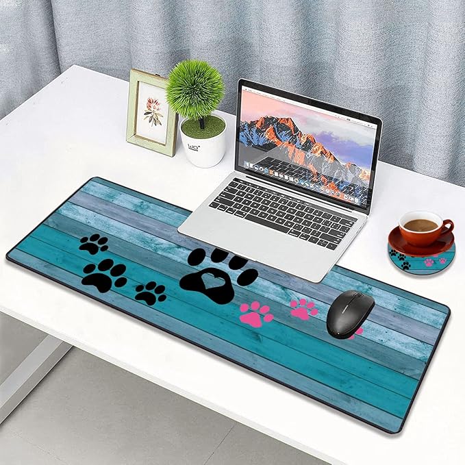 Extended Gaming Mouse Pad with Stitched Edges, Large Anti-Slip Mouse Pad (31.5x11.8 Inches) Desk Pad Keyboard Pad + Coaster for Work/Gamer/Home, Black and Pink Dog Paw Prints
