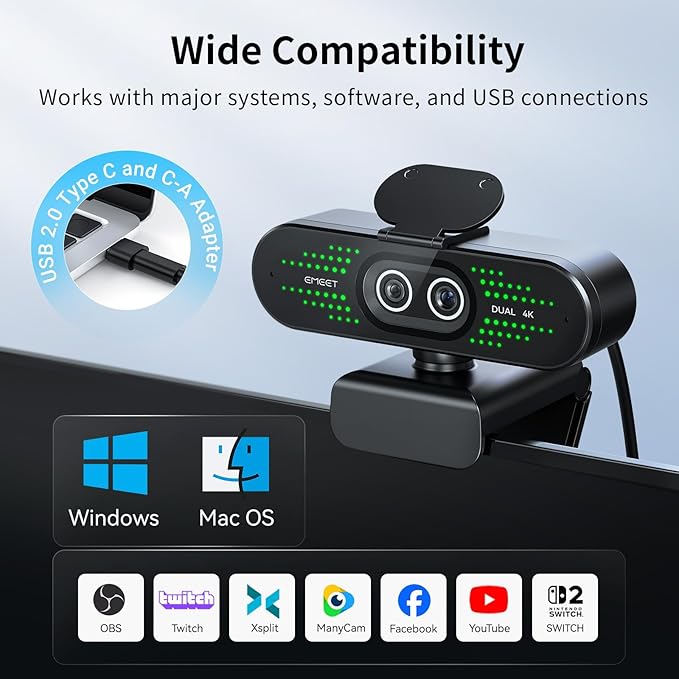 EMEET NOVA 4K Dual-Camera 4K Webcam for PC, Wide-Angle and Telephoto Cameras, Max 11X Hybrid Zoom, PDAF Focus, Remote Control, RGB Lights, Webcam with Microphone for Business or Personal Online Calls