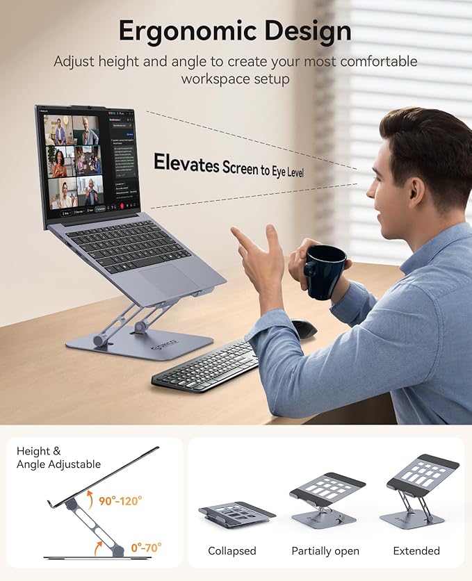ORICO Ergonomic Laptop Stand for Desk, Height Adjustable Aluminum Alloy Laptop Stand Riser, Foldable Computer Holder Compatible with MacBook, Dell XPS, HP up to 17” - ST11, Gray