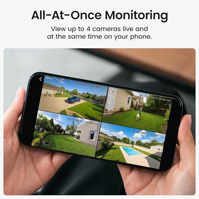 aosu Solar Security Cameras Wireless Outdoor, 2Mins DIY Installation, No Subscription Required Cameras for Home Security System, Local Storage, 2K Color Night Vision, 2.4&5GHz WiFi, 4 Cam-kit