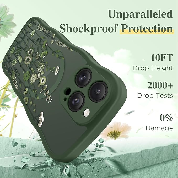 GVIEWIN for iPhone 14 Pro Max Case Compatible with MagSafe [Curly Wave Edge][Full Camera Protection] Floral Translucent Shockproof Magnetic Women Phone Case for 14 Pro Max, Floratopia/Forest Green