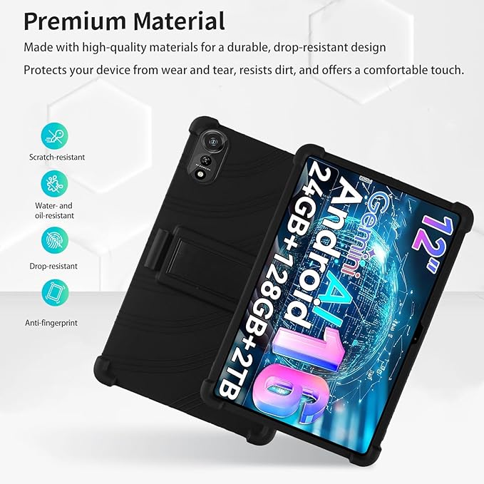for Nexall N90 Tablet Case 12Inch, Shockproof Four Corner Airbag Protection,Soft Silicone Edge Cover with Built-in Stand,Heavy Duty Protective Sleeve for Nexall N90,Black