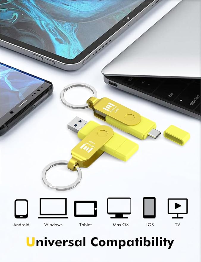 MOSDART 128GB USB C 3.2 Fast Speed C and A Dual Flash Drive, exFAT Memory Stick with Keychain and LED Indicator, for iPhone 15,16, 17, Android Phone, iPad, MacBook, and Other Laptops,Yellow