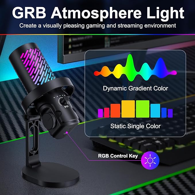 CG1 RGB Condenser Microphone Plug & Play, Noise Cancellation, Mute,Computer/Mic Monitoring Balance Adjustment, Headphone Jack, Desktop Stand for Gaming, Streaming, Podcasting, PC/Type-C Phones