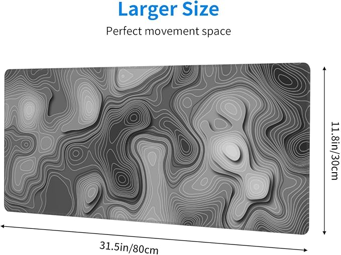 3D Topographic Map Mouse Pad Grey White Gaming Mouse Pad XL Desk Mat Large Desk Pad Non-Slip Rubber Base Keyboard Mouse Mat with Stitched Edges for Home Office Work