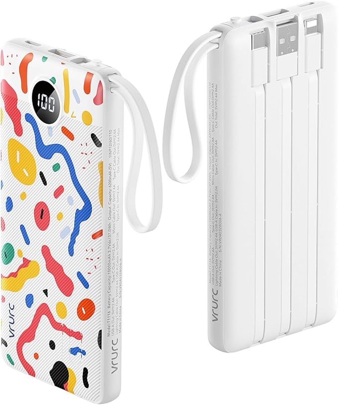 VRURC Portable Charger, Built-in Cables Power Bank 10000mAh, LED Display Slim USB C Battery Pack with 5 Output 2 Input for iPhone, Samsung, Android etc-White(1 Pack)