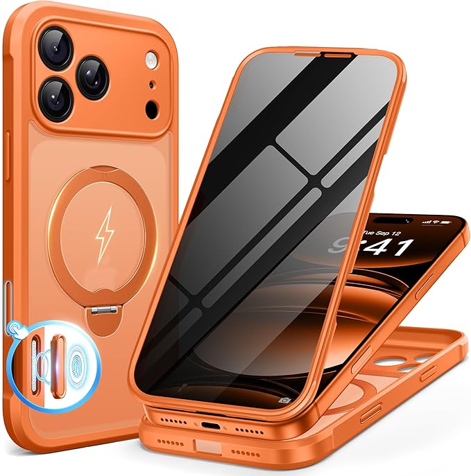 BERFY for iPhone 17 Pro Case, Compatible with MagSafe, Built in Privacy Screen Protector, Shockproof Full Body Phone Case for 17 Pro with Magnetic Stand, Translucent Orange