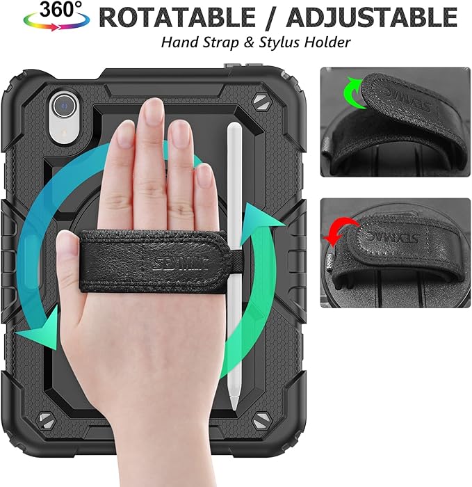 SEYMAC stock Case for iPad mini 7 (A17 Pro) 2024/ Mini 6 8.3'' with Screen Protector Pencil Holder [360 Rotating Hand Strap] &Stand, Drop-Proof Case for iPad mini 7th/6th Generation 8.3", Black