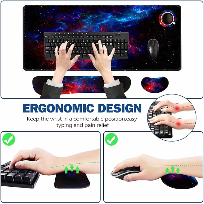 ToLuLu Extended Gaming Mouse Pad, Memory Foam Ergonomic Keyboard Mouse Wrist Rest Support Set, Large Desk Mat with Stitched Edges, Non-Slip Base Mousepad for Home Office and Game, Blue Red Galaxy