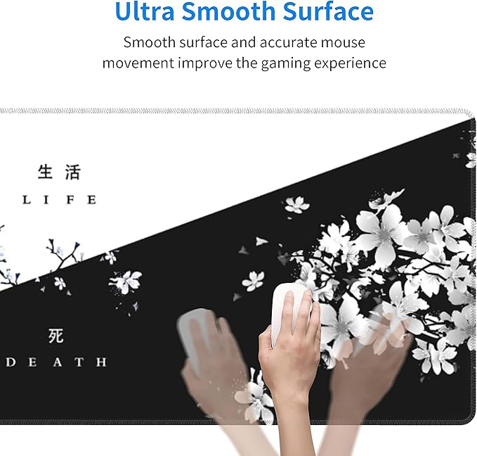 Black White Cherry Blossom Mouse Pad Japanese Sakura Death Life Flower Extended Desk Mat 80X30 cm Non-Slip Rubber Base Stitched Edge Large XL Playmat for Keyboard Gaming Laptop Desktop,31.5×11.8 Inch