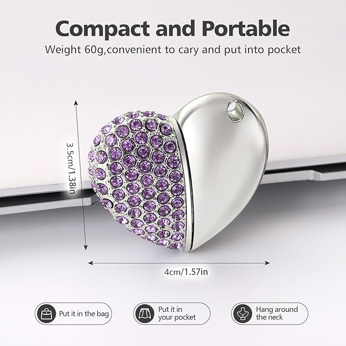 USB 2.0 Flash Drive,Cute Romantic Heart Shape USB Memory Stick,Thumb Drive for Photos, Music, Files Storage (Purple, 32, GB)