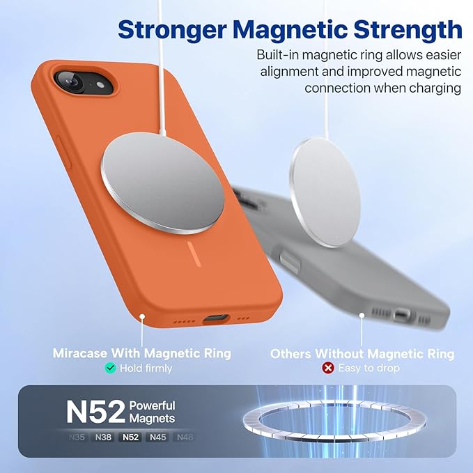 Miracase Magnetic for iPhone 17e Case & iPhone 16e Case, [Soft Anti-Scratch Microfiber Lining], Compatible with MagSafe, Silicone Shockproof Protection Phone Case for iPhone 17e/16e, Orange