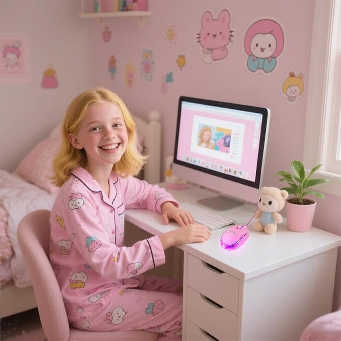 SOON GO Pink Mouse,Computer Mouse,with 1.5m Pink USB Cable - Compatible with Windows, Linux, Mac, Laptop, PC & Desktop - Ideal for Office, Home, Business, School, Kids & Women