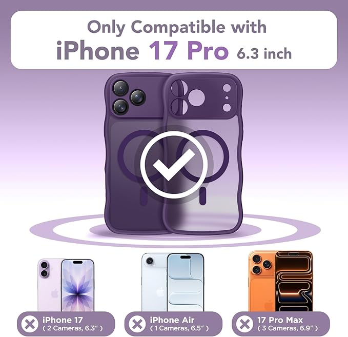 CAPRARO Magnetic for iPhone 17 Pro Case for Women Girls, Upgraded [Full Camera Protection] [Compatible with MagSafe] Cute Wave Translucent Matte Phone Case for iPhone 17 Pro, Deep Purple