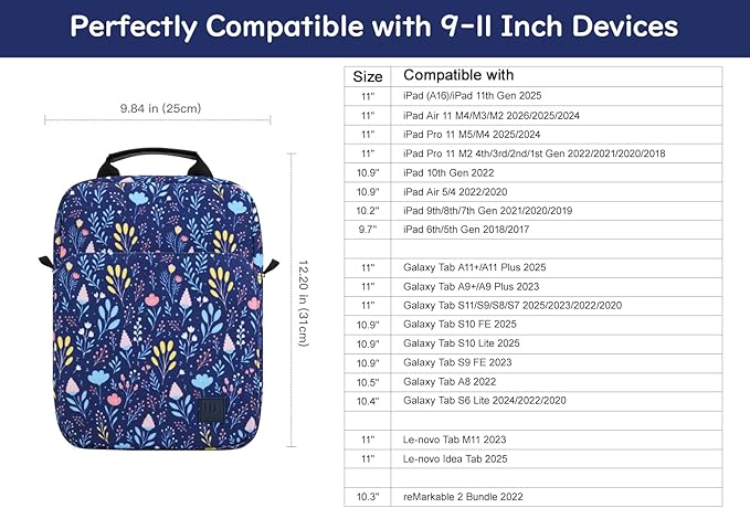 Dadanism 9-11 Inch Tablet Sleeve Bag Carrying Case with Shoulder Strap for iPad (A16) 11", iPad 10th Gen 10.9", iPad Air M4/Pro M5 11", iPad 9/8/7th 10.2", Galaxy Tab A11+ Plus 11", Night Blue