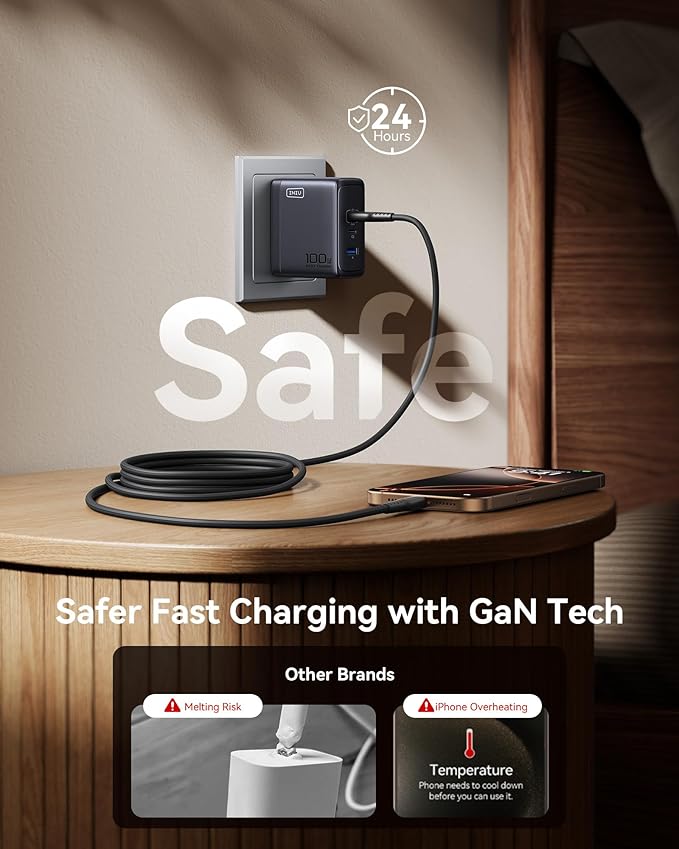 INIU USB C Charger Block, 100W GaN Fast Charging, 3-Port Compact Foldable Travel Charger with Type C Cable, Power Adapter for Mac Book Air Pro 15 14, iPhone 17 16 Pro Max Samsung S26 S24, Switch 2
