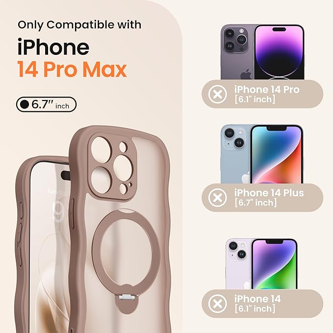 CAPRARO for iPhone 14 Pro Max Case with 360° Spin Magnetic Stand for Women, [Compatible with MagSafe] [Full Camera Protection] Cute Wave Translucent Matte Case for iPhone 14 Pro Max, Brown