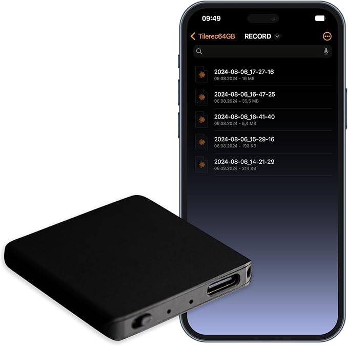 Voice Activated Recorder with Playback – 64GB Storage, 1100 Hours of Audio Recording, Slim & Portable for Meetings, Interviews & Classes, Easy Notetaker - TileREC- Dark Grey- by Atto Digital