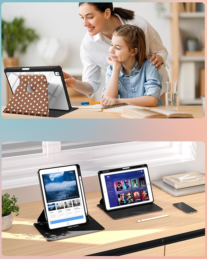 Uppuppy for iPad 9th/8th/7th Generation Case for iPad Air 3rd/ Pro 10.5” Case - 360 Rotating Stand Folio Smart Cover with Pencil Holder for Women, Brown Polka for Apple Tablet 7/8/9 Gen 10.2 inch