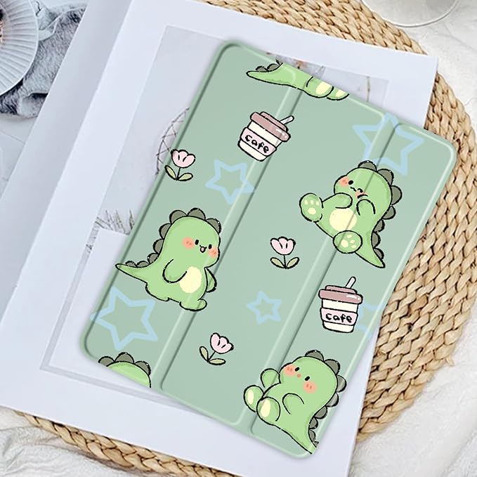 JOYLAND Lovely Dinosaur Pattern Case for 9.7" iPad 5th/6th Generation（2017/2018）,Clear Acrylic Hard Back Case with Pencil Holder Trifold Stand Tablet Cover (Model Number:A1822 A1823 A1893 A1954)
