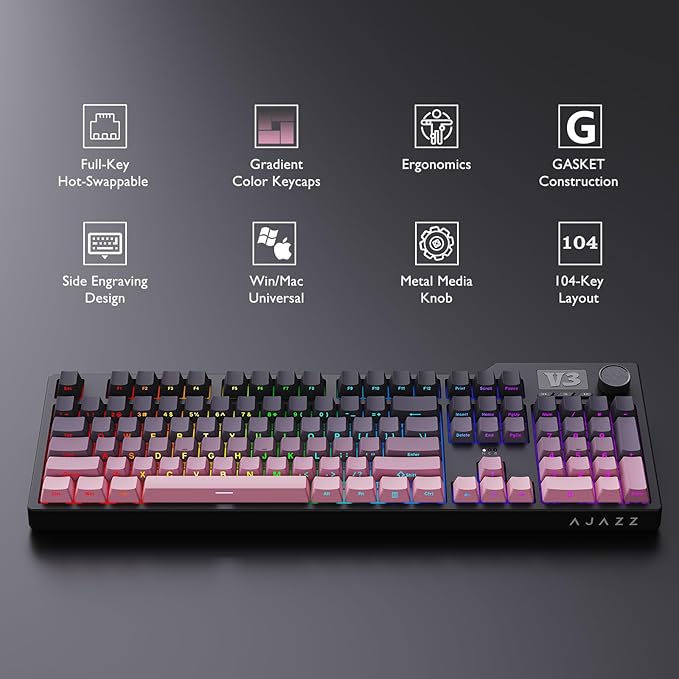 AK35I V3 104-Key Full Size Wired Gasket Mount Gaming Keyboard with Multimedia Buttons & Knob Control | Five Layer Pad | OEM Profile PBT Keycaps | White Backlit Custom Keyboard