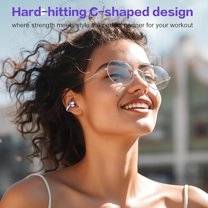 ZIHNIC S26 Wireless Clip on Earbuds, Open Ear Wireless Bluetooth 5.4 Headphones with Mic, IPX5 Waterproof, 35Hr Play time, Light Weight -Purple