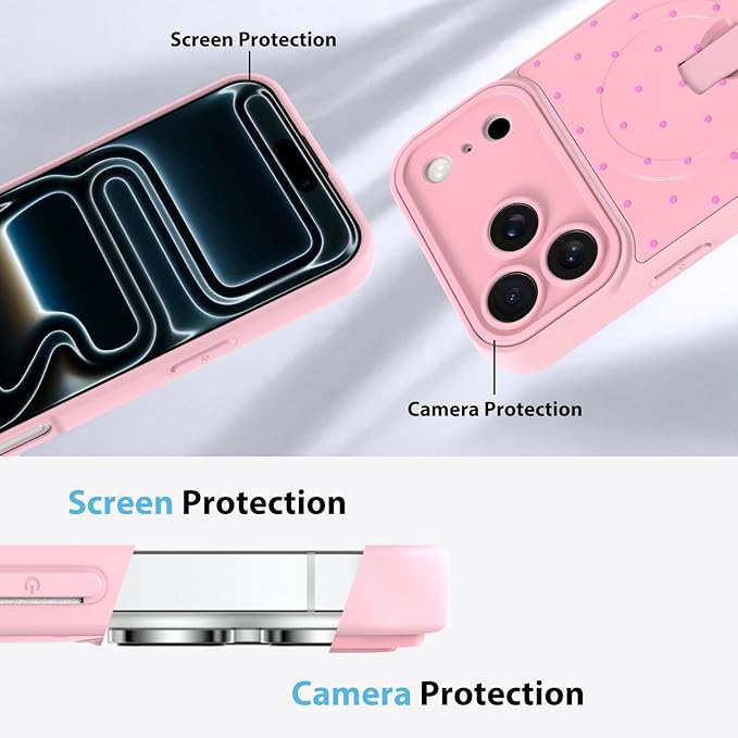 KANGHAR Compatible with iPhone 17 Pro Case, Support for MagSafe, Silicone Spot Cute Pattern, Wristband Kickstand Camera Protection Shockproof Soft Slim Cover for Girls Women, Pink