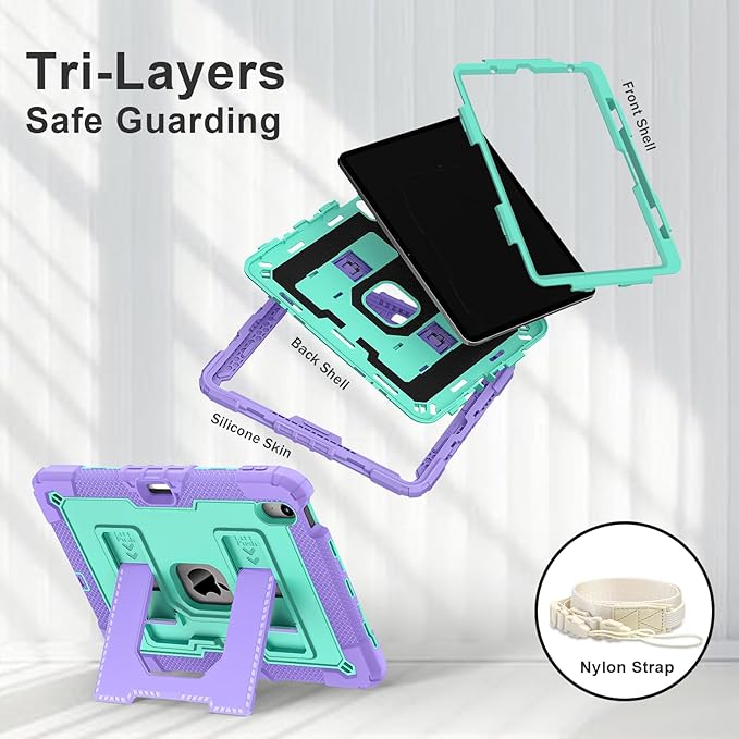 Kids Friendly Case for iPad Air 11 Inch M4 M3 M2 2026/2025/2024 Case with Pencil Holder & Shoulder Strap, Military Grade Shockproof Kickstand Hard Shell Protective Cover,Purple+Mint