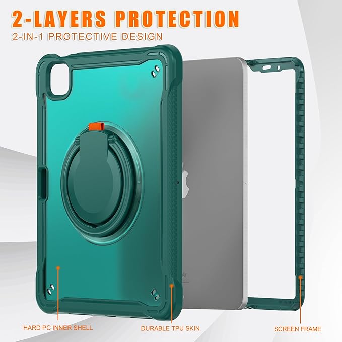 Batianda for iPad Pro 11 inch Case 2025 M5 2024 M4 Chip Lightweight Dual-Layer Protective Tablet Cover, Durable Shock-Absorbing Corners with 360° Rotating Kickstand Ring Built-in Pen Slot, Teal