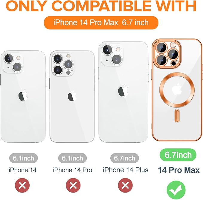 Hython Magnetic Clear for iPhone 14 Pro Max Case with Camera Lens Protector [Compatible with MagSafe] Plating Edge Slim Soft TPU Cover Protective Phone Case for iPhone 14 Pro Max 6.7", Orange