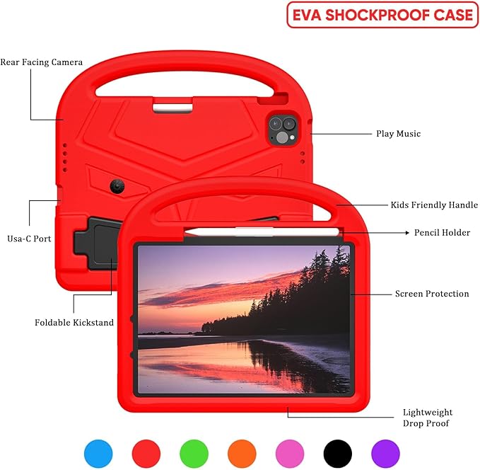 Kids Case for Apple iPad Air 11 inch M3/M2 & iPad Pro 11 inch M5/M4 (2025/2024) with Pencil Holder/Handle/Kickstand Lightweight Soft EVA Foam Shockproof Stand Girls Boys Cover, Red Bird