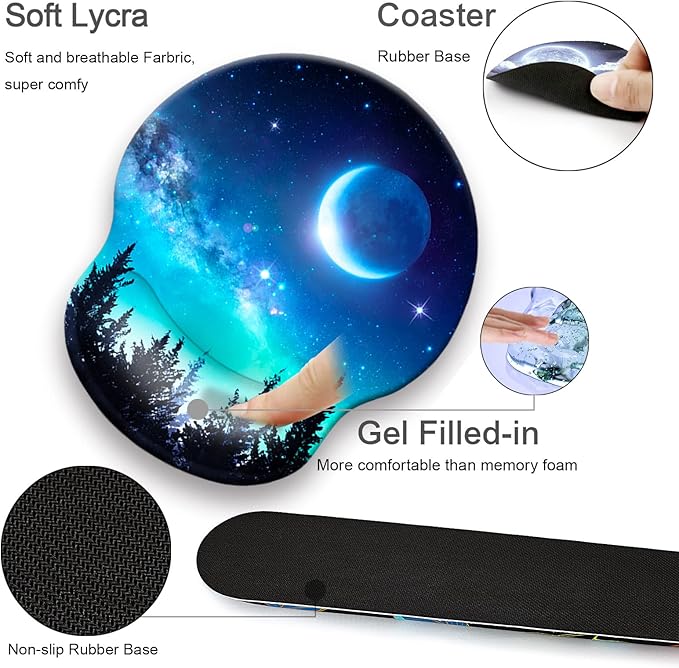 Mouse Pad + Desk Mat + Keyboard Wrist Rest + Coaster 4 in 1 Set, Cute Ergonomic Large Gaming Mousepad with Wrist Rest Support Desk Pad for Computer Laptop Office Home Decor-Forest Moon