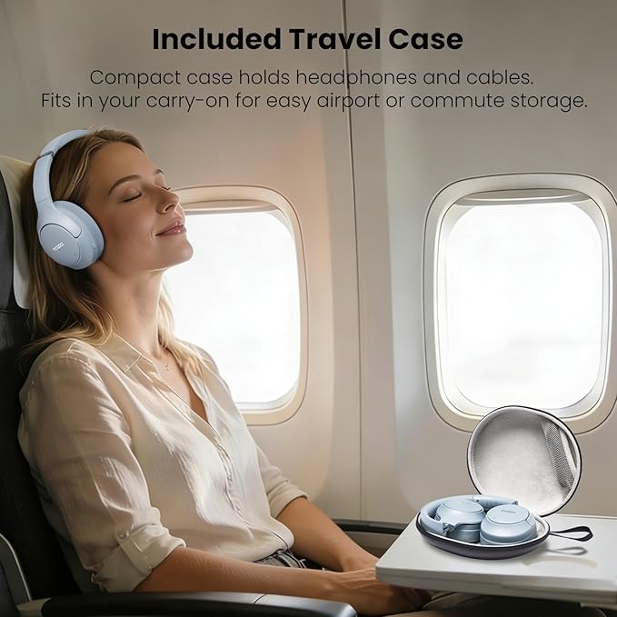TOZO HT3 Hybrid Noise Cancelling Headphones, 90H Battery Life Wireless Over Ear Bluetooth 6.0 Foldable Headset, AI Voice Assistant with 5 Mics, Connect 2 Devices & Hi-Res Sound, 32 Audio EQ, with Case